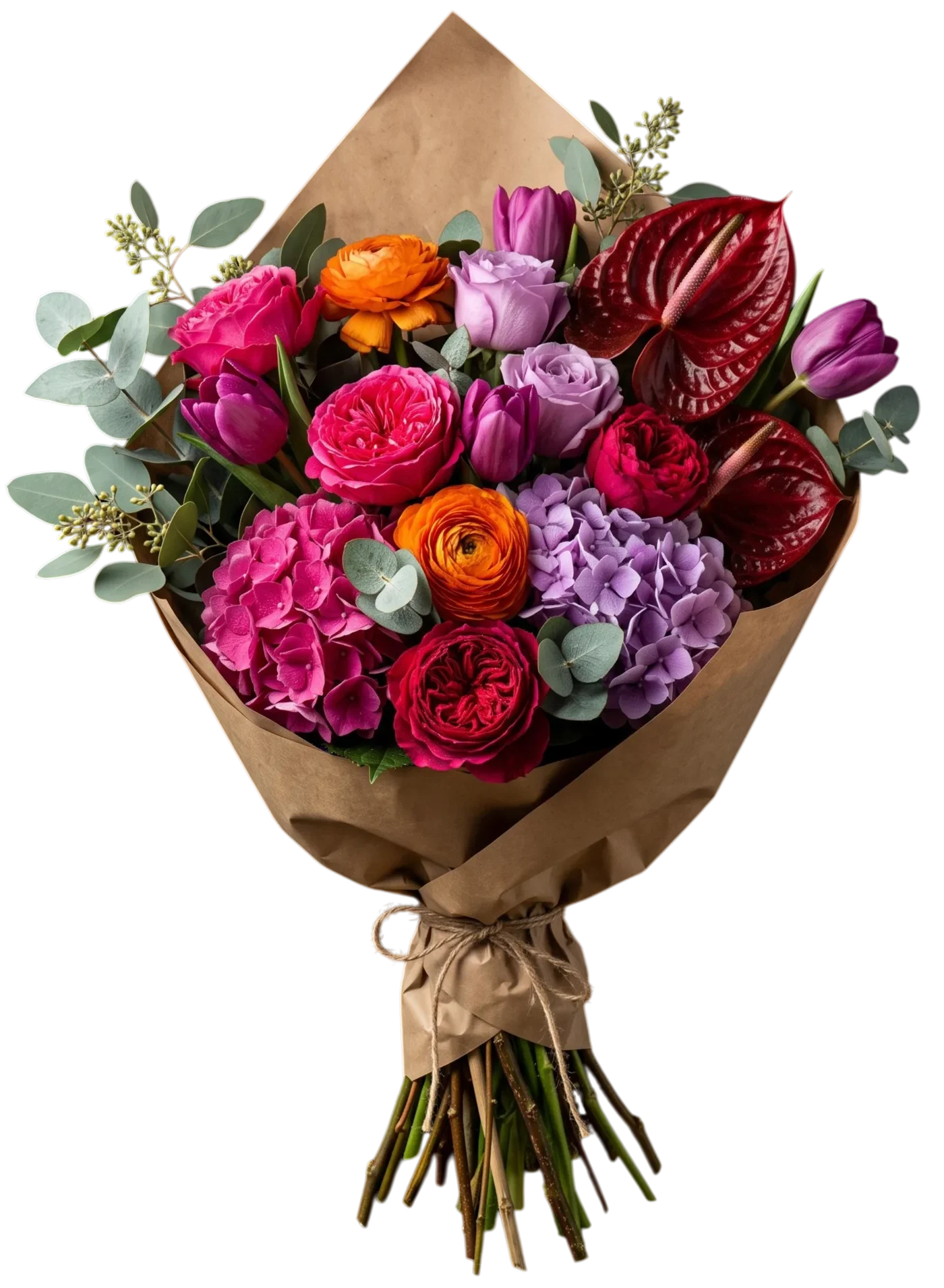Bouquet de autor BLOOMAN — hortensia, anturio, tulipán, ranúnculo y rosa inglesa