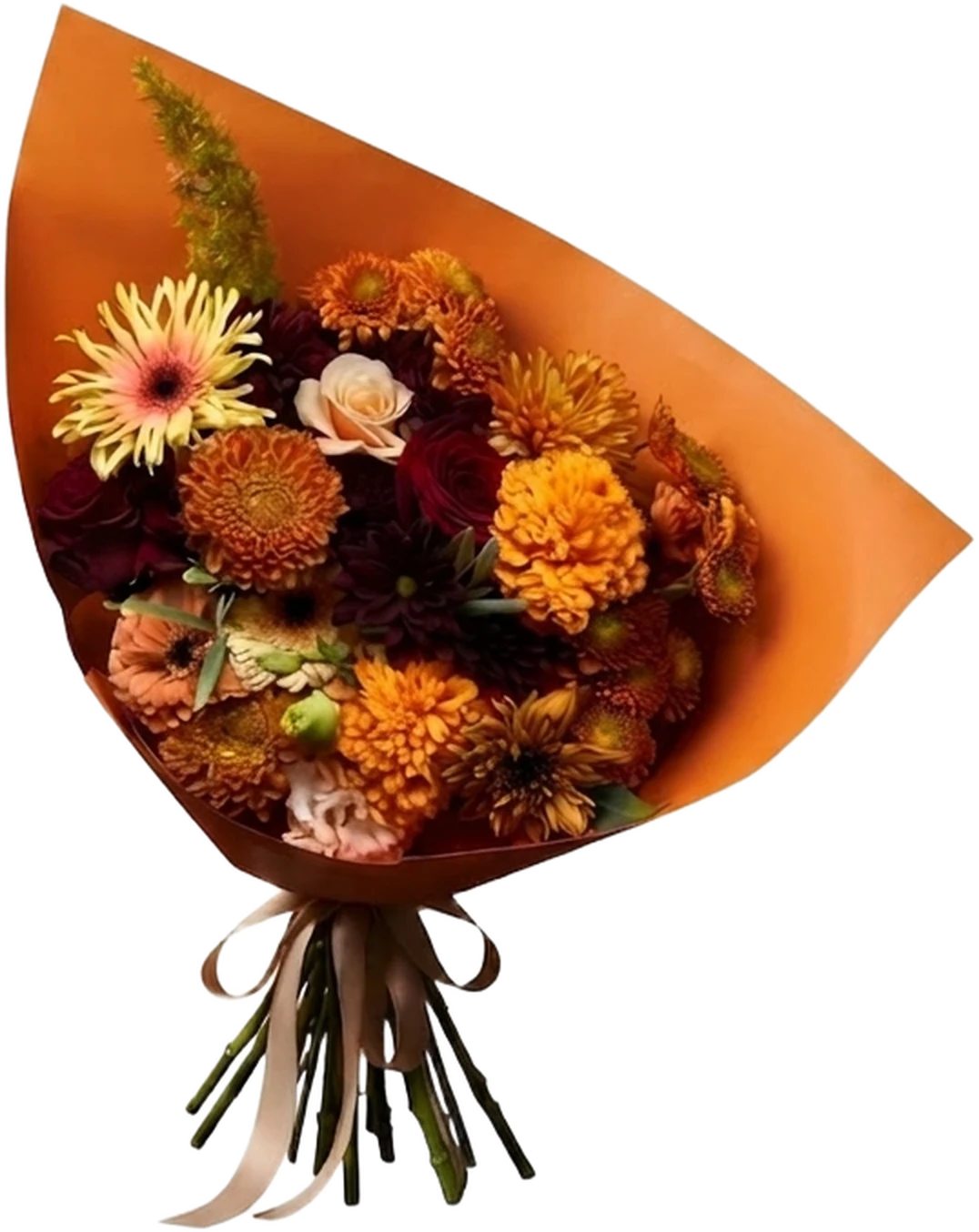 Bouquet de autor BLOOMAN — gerbera, dalia, crisantemo, rosa y solidago en tonos terracota