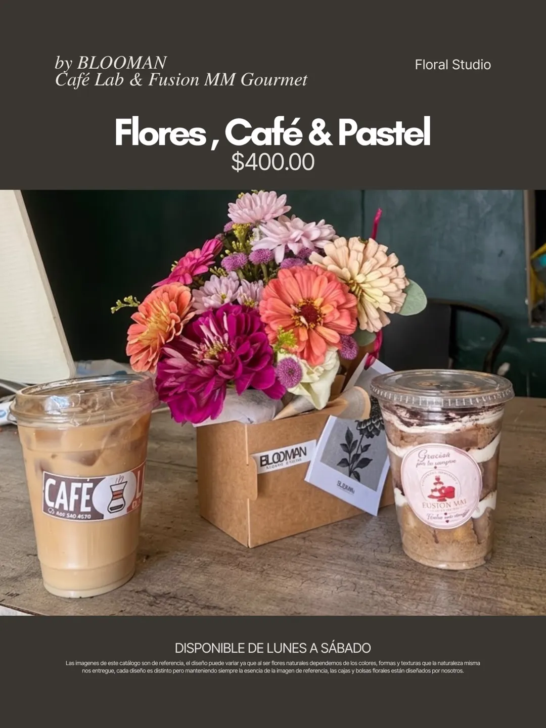 Pack Flores, Café y Pastel de BLOOMAN con bebida fría y postre de Fusion MM