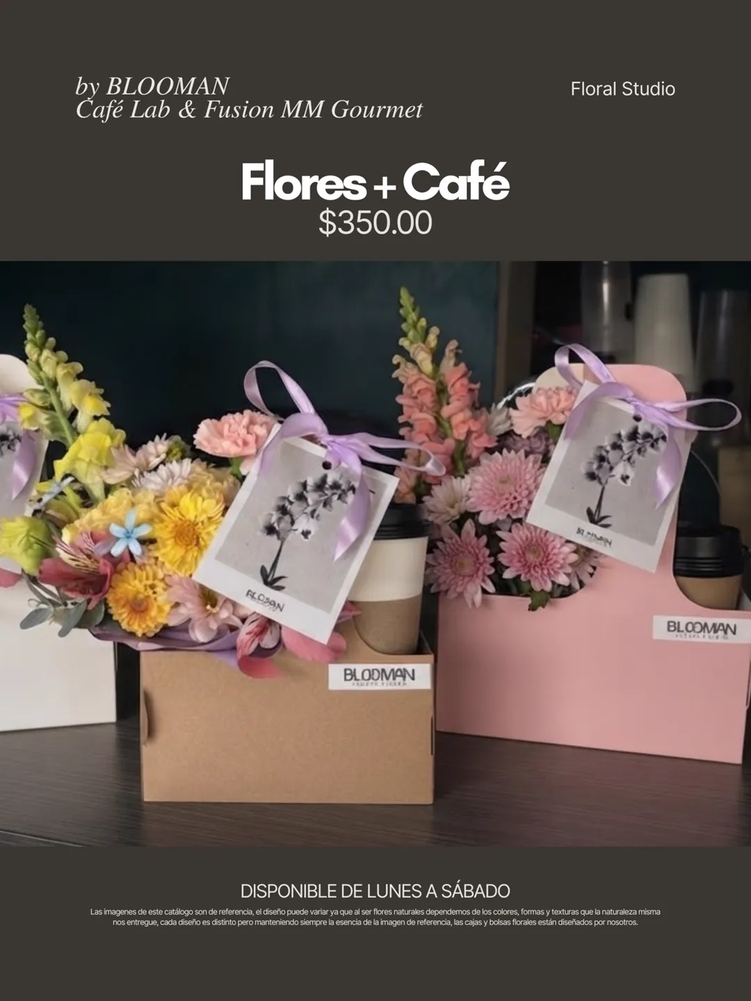 Pack Flores + Café de BLOOMAN en cajas porta café kraft y rosa pastel